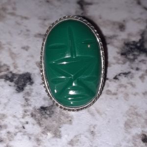 Vintage Sterling Silver Green Onyx Aztec / Mayan Mask Ring
